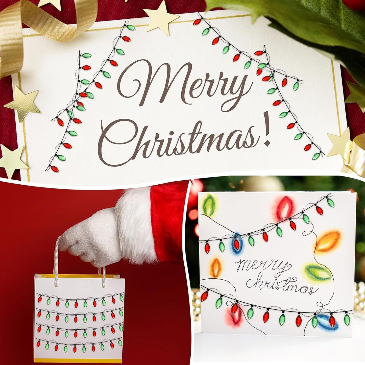 Christmas Lights Stickers for Crafts, 2025 New Christmas Light Embellishment Stickers, Waterproof Gem Border Dimensional Sticker for Xmas Crafts Scrapbooks Holiday Decoration(8 sheets/32pc)