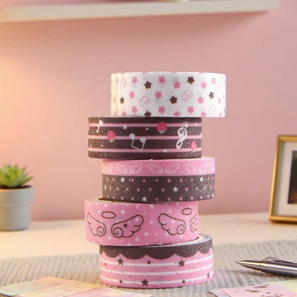 5Rolls Pink Strawberry Musical Note Glitter Washi Tape Set Decorative Star Masking Tapes Bulk Cute Washi Sticker for Journaling Kawaii Sparkling Scrapbook Tape Supplies for Craft Scrapbooking Journal