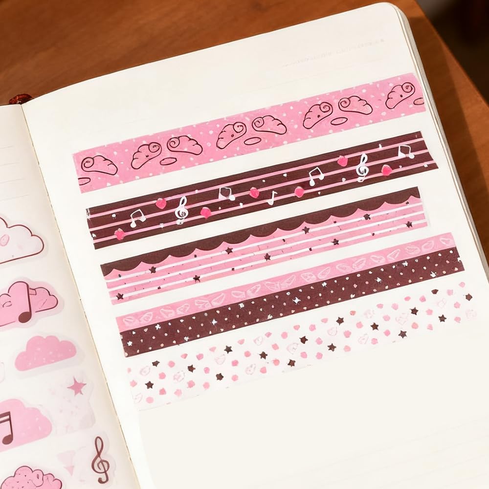 5Rolls Pink Strawberry Musical Note Glitter Washi Tape Set Decorative Star Masking Tapes Bulk Cute Washi Sticker for Journaling Kawaii Sparkling Scrapbook Tape Supplies for Craft Scrapbooking Journal