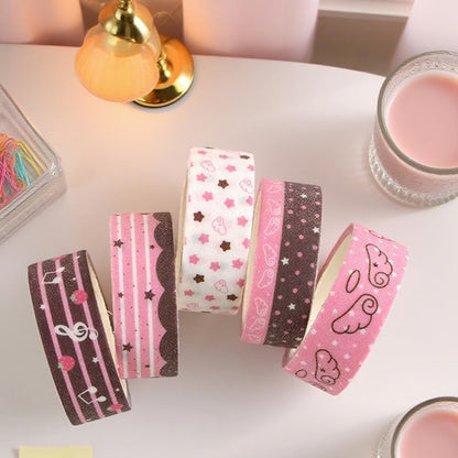 5Rolls Pink Strawberry Musical Note Glitter Washi Tape Set Decorative Star Masking Tapes Bulk Cute Washi Sticker for Journaling Kawaii Sparkling Scrapbook Tape Supplies for Craft Scrapbooking Journal