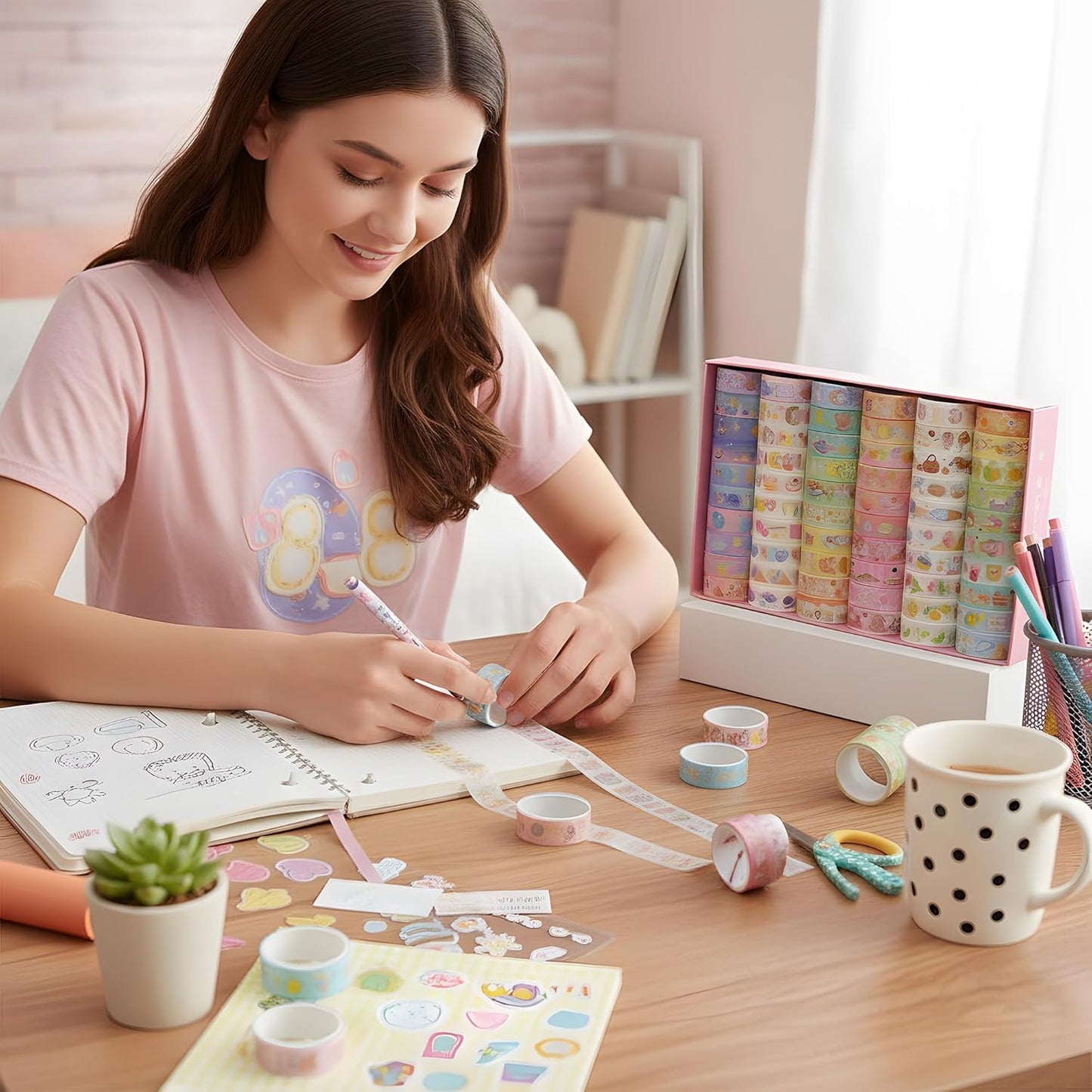 60 Rolls Washi Tape Set, Cute Pattern Washi Stickers, 15mm Wide for Junk Journal Scrapbook Tape, Bullet Journaling Scrapbooking Supplies, Planner Sticker DIY Craft DéCor