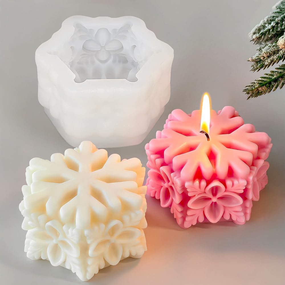Christmas Snowflake Pillar Candle Molds 3D Snowflake Silicone Mold Christmas Silicone Molds for Candles Making Home Decorations DIY Soap Resin Sculpture Gypsum Ornament Crafts Aroma Candle Mold