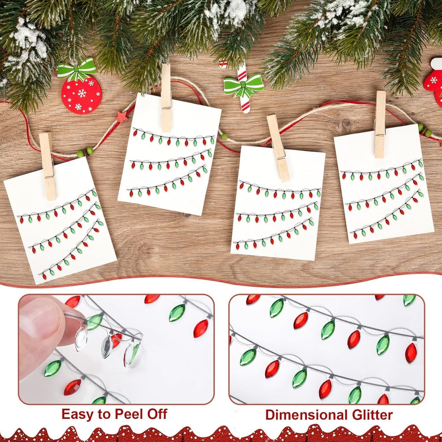 Christmas Lights Stickers for Crafts, 2025 New Christmas Light Embellishment Stickers, Waterproof Gem Border Dimensional Sticker for Xmas Crafts Scrapbooks Holiday Decoration(8 sheets/32pc)