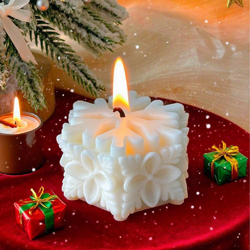 Christmas Snowflake Pillar Candle Molds 3D Snowflake Silicone Mold Christmas Silicone Molds for Candles Making Home Decorations DIY Soap Resin Sculpture Gypsum Ornament Crafts Aroma Candle Mold