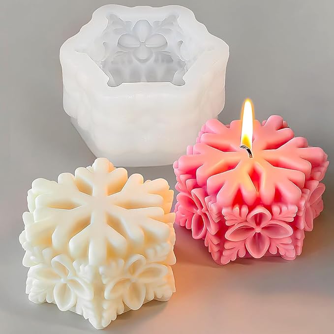 Christmas Snowflake Pillar Candle Molds 3D Snowflake Silicone Mold Christmas Silicone Molds for Candles Making Home Decorations DIY Soap Resin Sculpture Gypsum Ornament Crafts Aroma Candle Mold