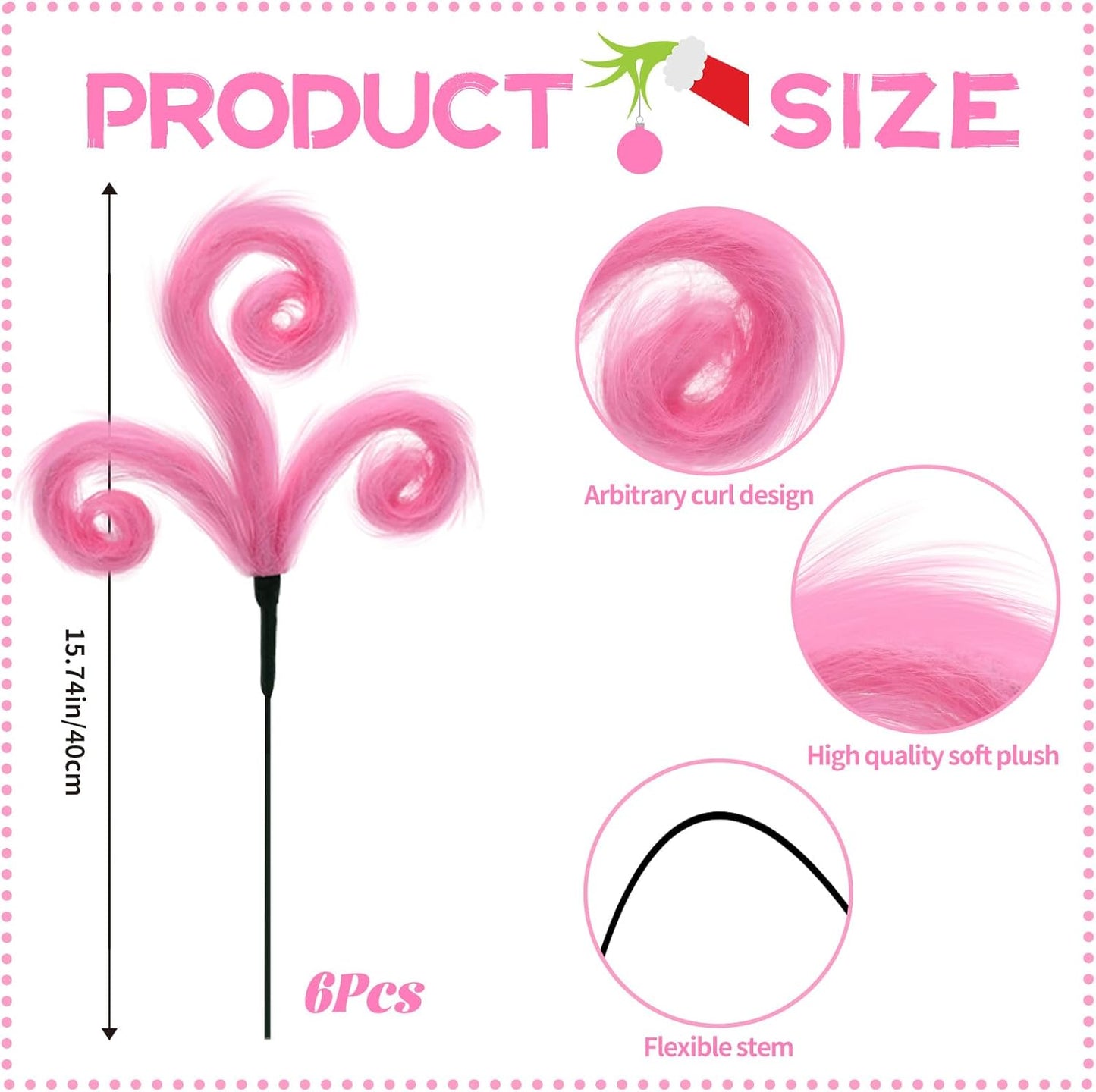 6Pcs Pink Christmas Tree Picks, 16Inch Pastel Furry Stems Pink Christmas Decor Indoor for Home, Curly Elf Tree Filler Branches for Christmas Wreath Winter Holiday Decor