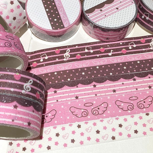 5Rolls Pink Strawberry Musical Note Glitter Washi Tape Set Decorative Star Masking Tapes Bulk Cute Washi Sticker for Journaling Kawaii Sparkling Scrapbook Tape Supplies for Craft Scrapbooking Journal