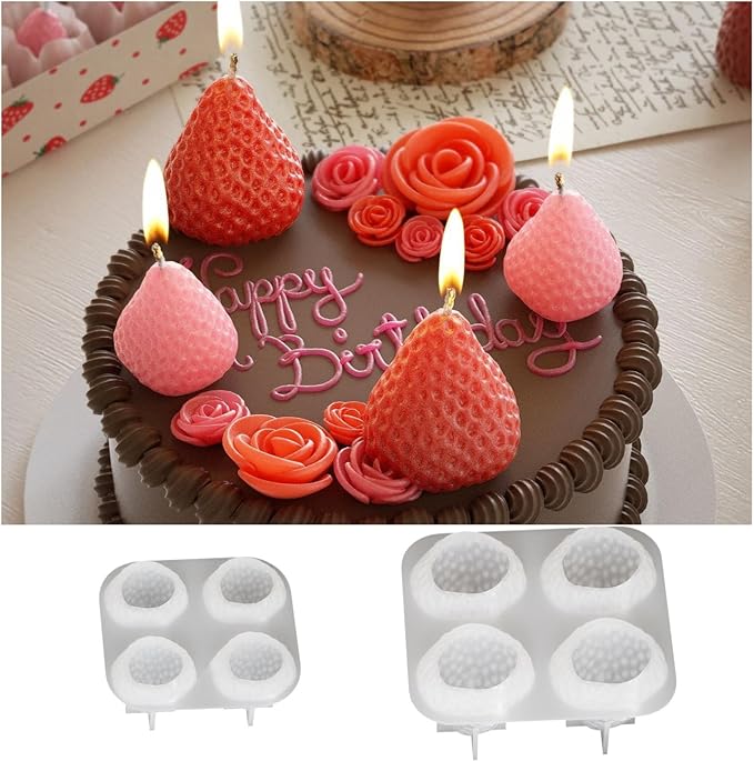2 Pieces 3D Strawberry Silicone Mold Candle Molds for Candle Making Resin Fondant Food Grade Safety Silicon Materials(Strawberry)