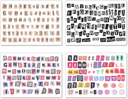 181pcs / 4 Sheets Retro Alphabet Stickers, Vintage Scrapbook Sticker English Alphabet Number Symbol Label Decals Aesthetic Letter Sticker for Scrapbooking DIY Crafts Artistic Journaling