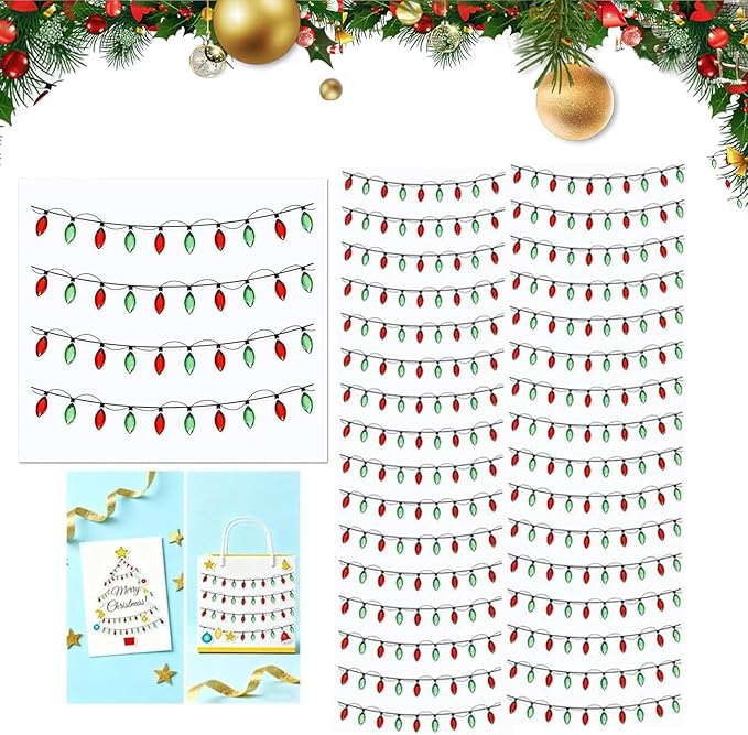 Christmas Lights Stickers for Crafts, 2025 New Christmas Light Embellishment Stickers, Waterproof Gem Border Dimensional Sticker for Xmas Crafts Scrapbooks Holiday Decoration(8 sheets/32pc)
