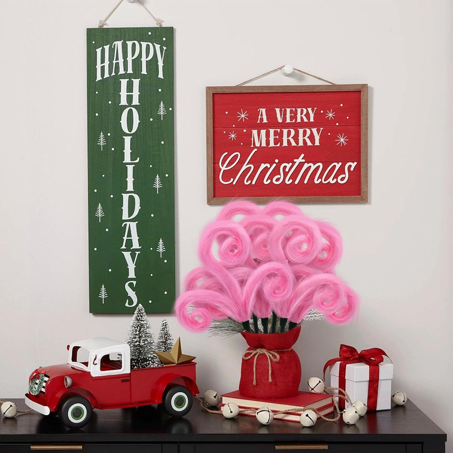 6Pcs Pink Christmas Tree Picks, 16Inch Pastel Furry Stems Pink Christmas Decor Indoor for Home, Curly Elf Tree Filler Branches for Christmas Wreath Winter Holiday Decor