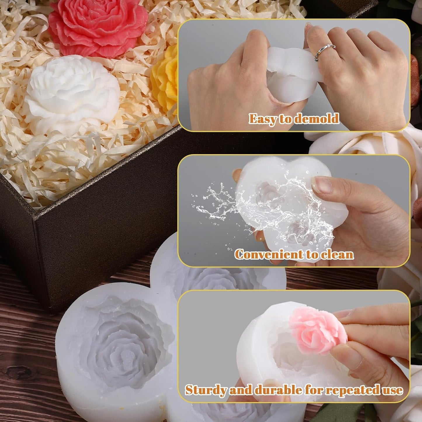 Rose Candle Molds for Candle Making Kit,3 Cavity Flower Molds Silicone for Crafts,3D DIY Soap Making Molds for Clay Plaster Tealight Candles Crafts Casting Home Décor Handmade Gifts