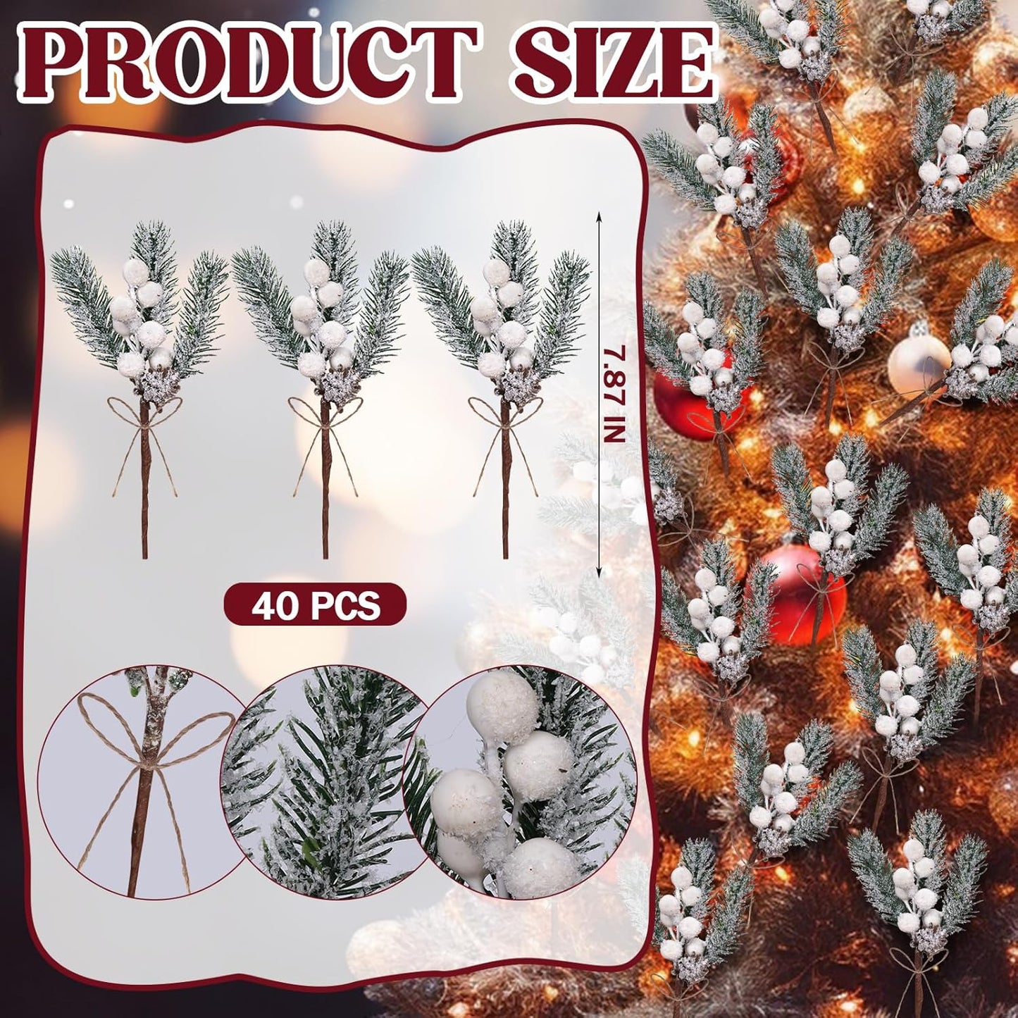 40 Pcs Red Berries Pine Cones for Crafts Evergreen Artificial Pine Branches Holly Stem Christmas Tree Picks Sprays Artificial Flowers for Decoration DIY Xmas Garland Wreath Ornaments (40 Pack/Red)