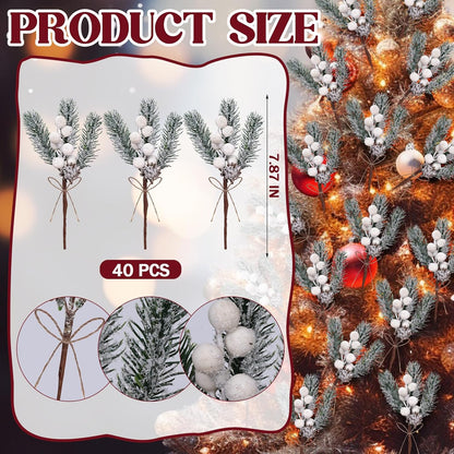 40 Pcs Red Berries Pine Cones for Crafts Evergreen Artificial Pine Branches Holly Stem Christmas Tree Picks Sprays Artificial Flowers for Decoration DIY Xmas Garland Wreath Ornaments (40 Pack/Red)