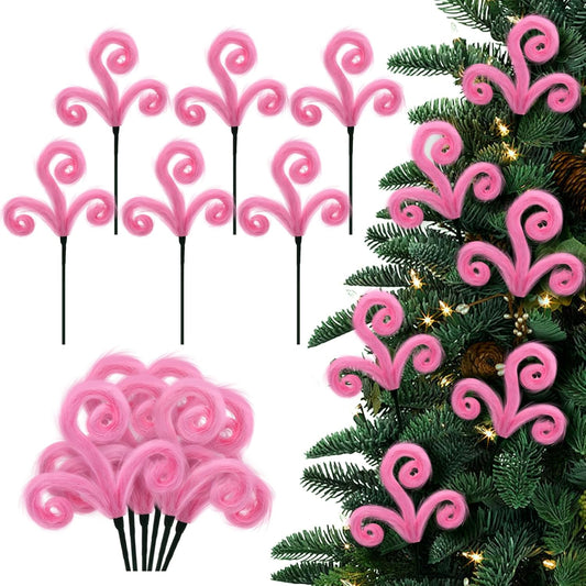6Pcs Pink Christmas Tree Picks, 16Inch Pastel Furry Stems Pink Christmas Decor Indoor for Home, Curly Elf Tree Filler Branches for Christmas Wreath Winter Holiday Decor