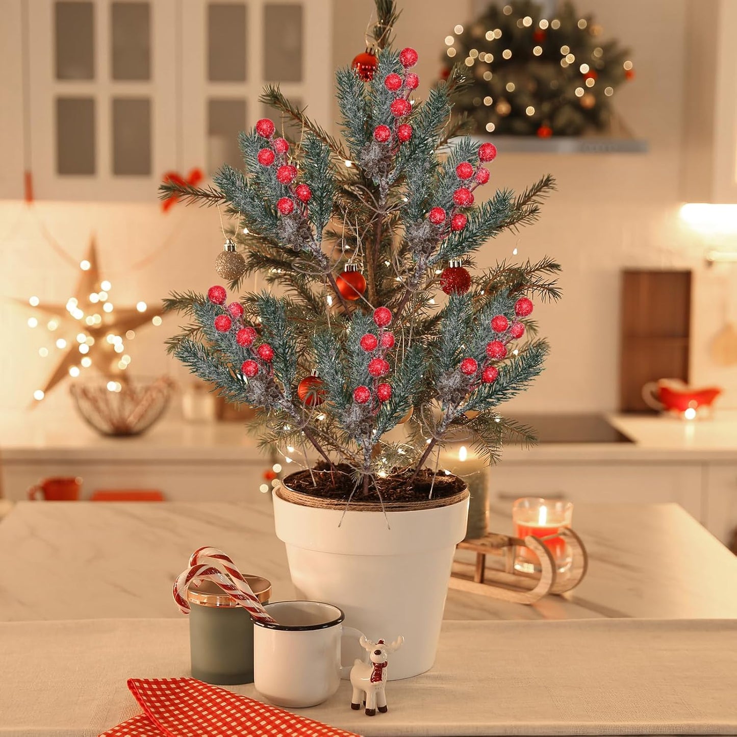 40 Pcs Red Berries Pine Cones for Crafts Evergreen Artificial Pine Branches Holly Stem Christmas Tree Picks Sprays Artificial Flowers for Decoration DIY Xmas Garland Wreath Ornaments (40 Pack/Red)