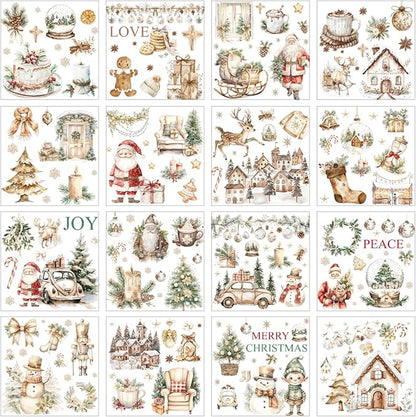 16 Sheets Rustic Christmas Rub on Transfers for Crafts, Vintage Xmas Rub on Transfers for Furniture, Winter Santa Snowman Gnome Sticker Decals for Scrapbook DIY Craft Wood Glass Home Decor