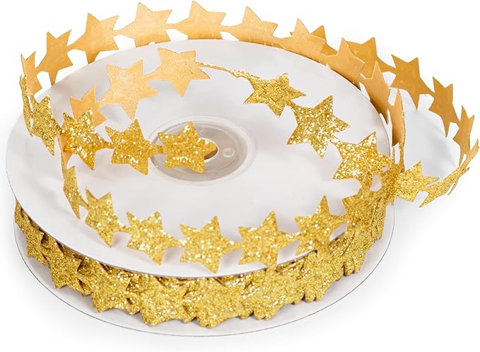 Gold Glitter Star Ribbon, 0.8 Inch 20 Yards, Polyester Sparkling Ribbon for Crafts, Gift Wrapping, Bows, Wreaths, Hair Accessories, Party Decorations, Christmas, Halloween, Easter DIY