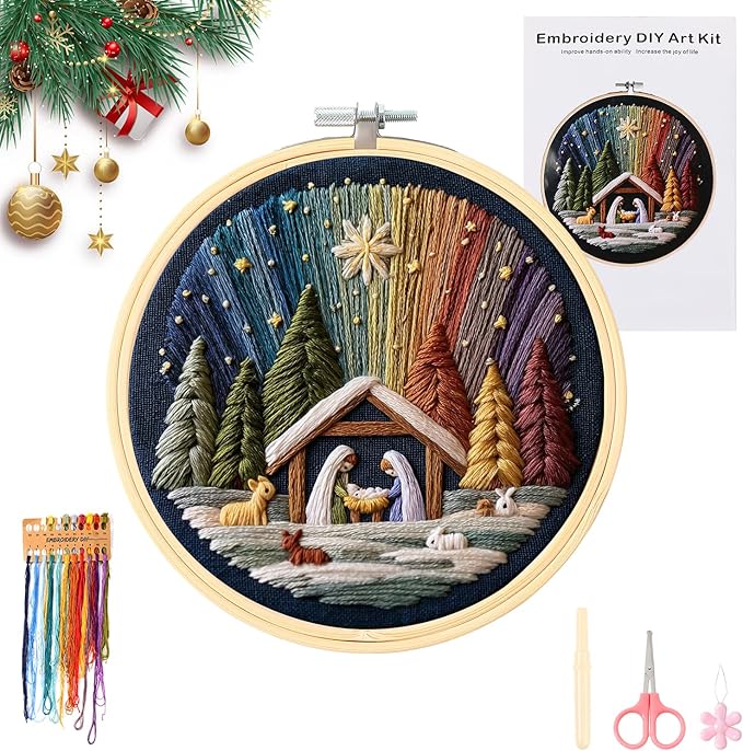 DIY Nativity Embroidery Set – Stitch The Holy Story, Christmas Embroidery Kit with Fabric,Threads & Needles, Christian Embroidery Kit for Adults Beginner, Home Decor & Gifts (1Pcs)