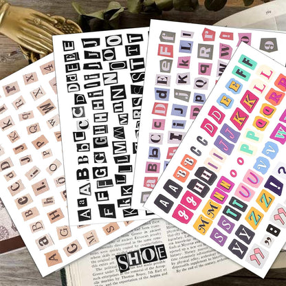 181pcs / 4 Sheets Retro Alphabet Stickers, Vintage Scrapbook Sticker English Alphabet Number Symbol Label Decals Aesthetic Letter Sticker for Scrapbooking DIY Crafts Artistic Journaling