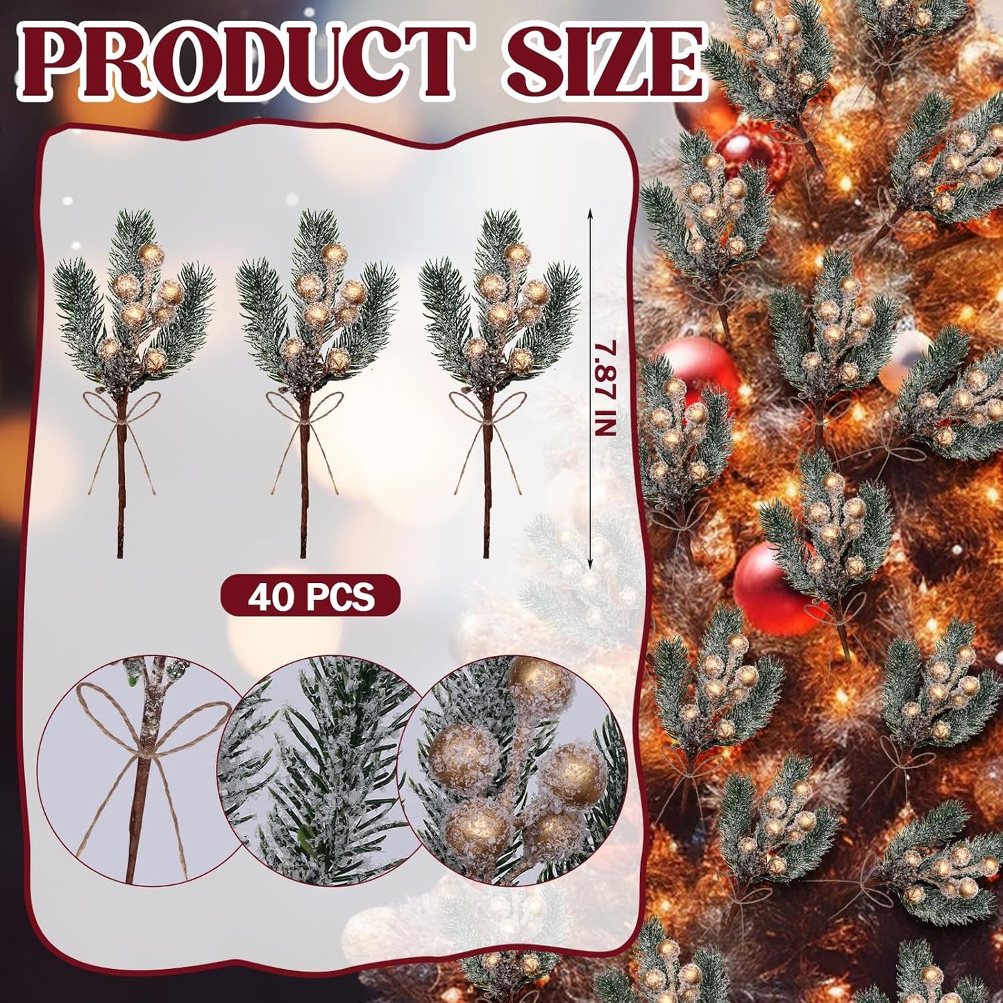 40 Pcs Red Berries Pine Cones for Crafts Evergreen Artificial Pine Branches Holly Stem Christmas Tree Picks Sprays Artificial Flowers for Decoration DIY Xmas Garland Wreath Ornaments (40 Pack/Red)