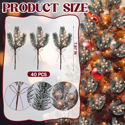 40 Pcs Red Berries Pine Cones for Crafts Evergreen Artificial Pine Branches Holly Stem Christmas Tree Picks Sprays Artificial Flowers for Decoration DIY Xmas Garland Wreath Ornaments (40 Pack/Red)