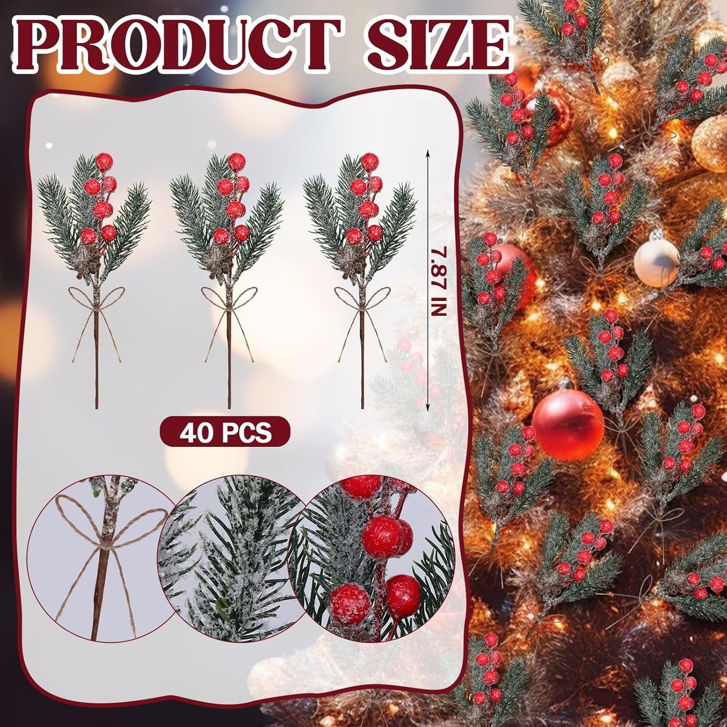 40 Pcs Red Berries Pine Cones for Crafts Evergreen Artificial Pine Branches Holly Stem Christmas Tree Picks Sprays Artificial Flowers for Decoration DIY Xmas Garland Wreath Ornaments (40 Pack/Red)
