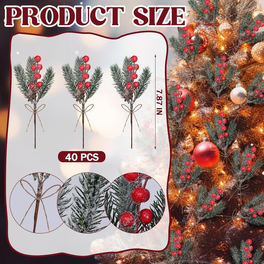 40 Pcs Red Berries Pine Cones for Crafts Evergreen Artificial Pine Branches Holly Stem Christmas Tree Picks Sprays Artificial Flowers for Decoration DIY Xmas Garland Wreath Ornaments (40 Pack/Red)