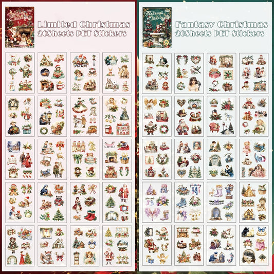 Christmas Stickers for Scrapbooking - 2 Pack Vintage Christmas Sticker Books, 40 Sheets Pet Stickers for Journaling, Pre-Cut Decorative Ephemera Junk Journal Sticker for Card Making, Bujo, Crafts Art