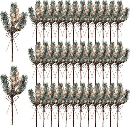 40 Pcs Red Berries Pine Cones for Crafts Evergreen Artificial Pine Branches Holly Stem Christmas Tree Picks Sprays Artificial Flowers for Decoration DIY Xmas Garland Wreath Ornaments (40 Pack/Red)