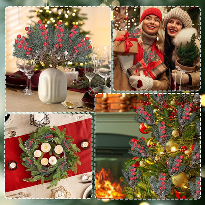 40 Pcs Red Berries Pine Cones for Crafts Evergreen Artificial Pine Branches Holly Stem Christmas Tree Picks Sprays Artificial Flowers for Decoration DIY Xmas Garland Wreath Ornaments (40 Pack/Red)