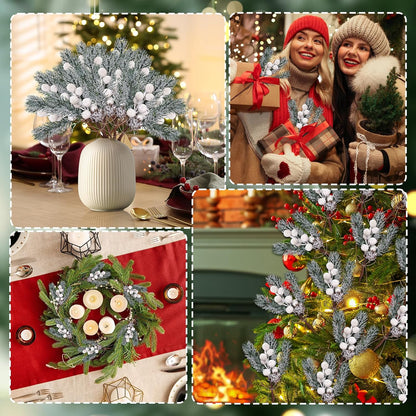 40 Pcs Red Berries Pine Cones for Crafts Evergreen Artificial Pine Branches Holly Stem Christmas Tree Picks Sprays Artificial Flowers for Decoration DIY Xmas Garland Wreath Ornaments (40 Pack/Red)