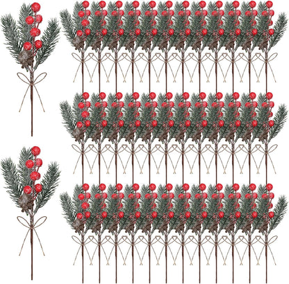 40 Pcs Red Berries Pine Cones for Crafts Evergreen Artificial Pine Branches Holly Stem Christmas Tree Picks Sprays Artificial Flowers for Decoration DIY Xmas Garland Wreath Ornaments (40 Pack/Red)