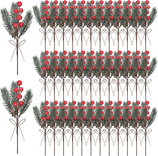 40 Pcs Red Berries Pine Cones for Crafts Evergreen Artificial Pine Branches Holly Stem Christmas Tree Picks Sprays Artificial Flowers for Decoration DIY Xmas Garland Wreath Ornaments (40 Pack/Red)