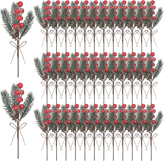 40 Pcs Red Berries Pine Cones for Crafts Evergreen Artificial Pine Branches Holly Stem Christmas Tree Picks Sprays Artificial Flowers for Decoration DIY Xmas Garland Wreath Ornaments (40 Pack/Red)