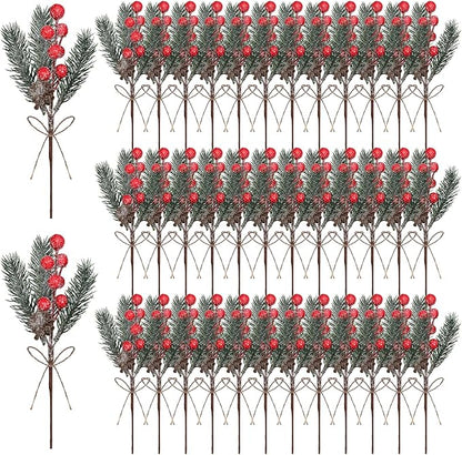 40 Pcs Red Berries Pine Cones for Crafts Evergreen Artificial Pine Branches Holly Stem Christmas Tree Picks Sprays Artificial Flowers for Decoration DIY Xmas Garland Wreath Ornaments (40 Pack/Red)